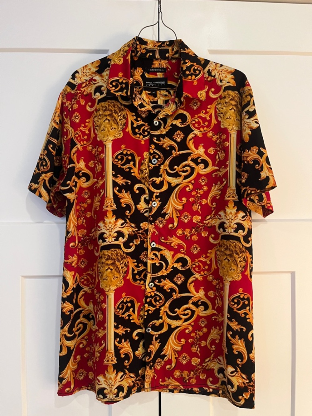 Men's Short-Sleeve Button Shirt – Red & Black Baroque Print. Drill Clothing